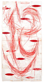Ohne Titel, 2013, Öl, Monotypie auf Notenpapieren, 200 x 100cm