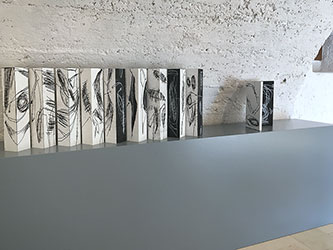 Stelen, Dyptichon, 2016, Dispersion, Öl, Monotypie auf  MDF-Platten, 50 x 10 x 10cm