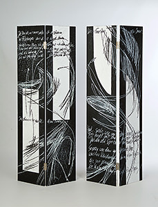 Diptychon, 2020, Dispersion, Öl, Monotypie auf MDF-Platten, Textzitate: Dante Alighieri, 130 x 60cm, Foto: Tina King