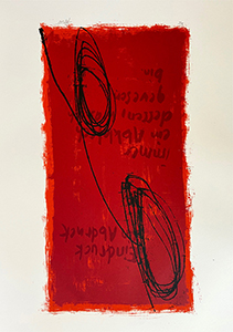 Rotes hochformatige Papierarbeit mit unregelmässigen Papierrand. Roter Grund mit schwarzen schwungvollen Linien die sich zu zwei Spiralen verdichten
