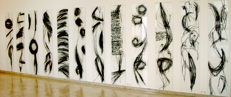 2010, Monotypie auf Acrylglas, je 220 x 42cm, Raumansicht Kunstverein Mistelbach